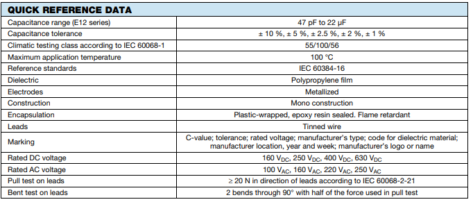 VISHAY MKP1839電壓電容器501V to 2000V參數 VISHAY MKP1839電壓電容器501V to 2000V參數