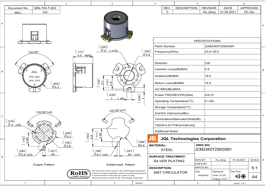 JQL 23-25GHz表面貼裝環(huán)行器JCM23K0T25K0XM1
